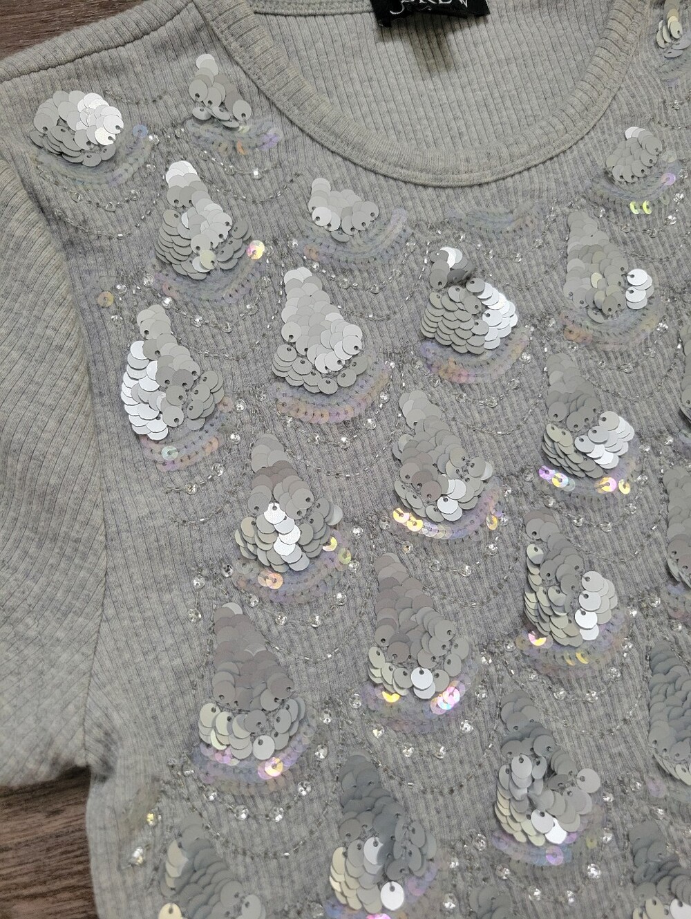 J Crew Sequin T Shirt Gray & Silver Embellished Ribbed Slim Fit Cotton Modal MD - Picture 7 of 11